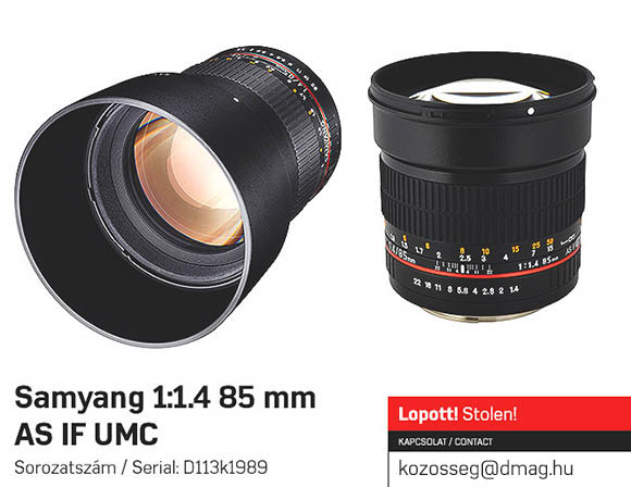 Samyang 1:1.4 85 mm AS IF UMC MEDIUM TELE LENS Sorozatszám / Serial number: D113k1989