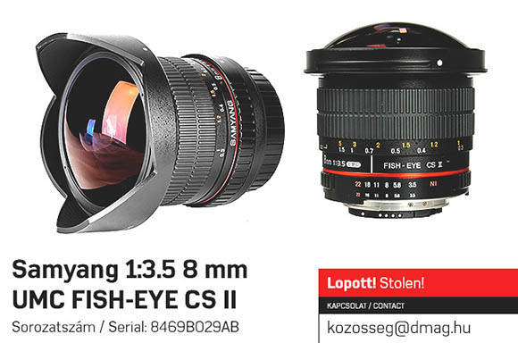 Samyang 1:3.5 8 mm UMC FISH-EYE CS II Sorozatszám / Serial number: ED140313094